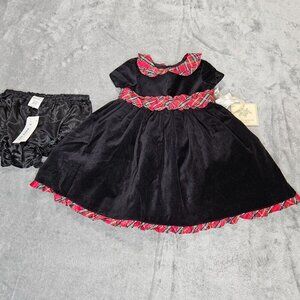Laura Ashley Dress Girls 12 Month Black Velvet Red Tartan Plaid Trim Holiday NEW